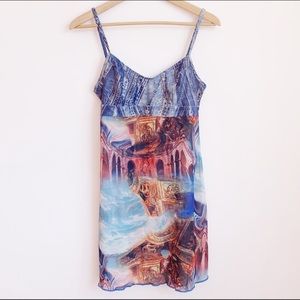 Y2K dark religion denim print mini dress